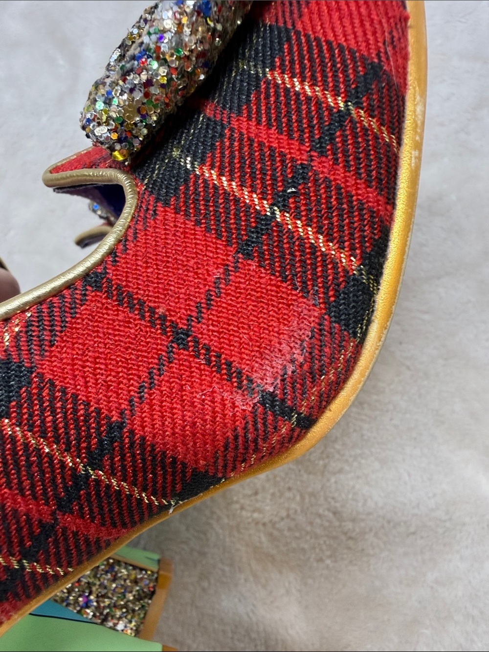 Irregular Choice "Piccolo" Red Tartan Mid Heels w/ Glitter Bows & Hilda Sole 9 - Picture 11 of 12